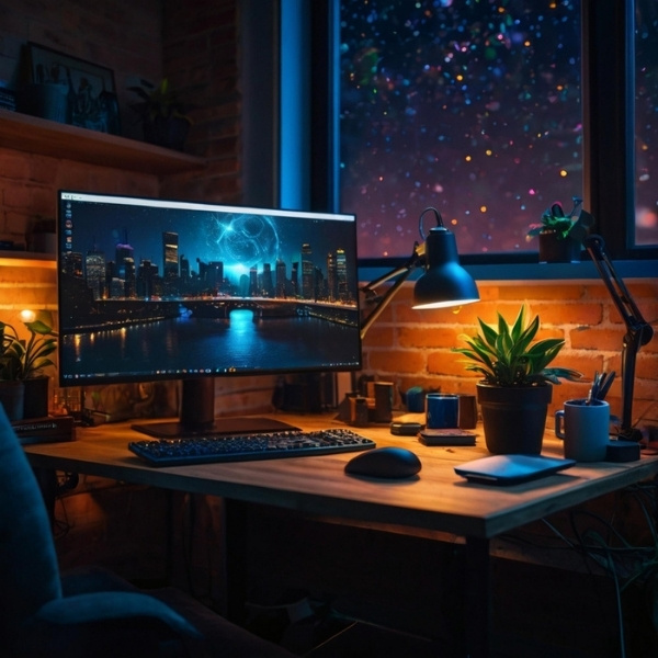 Dark developer workspace with wide monitor desk lamp plants and starry night sky outside the window