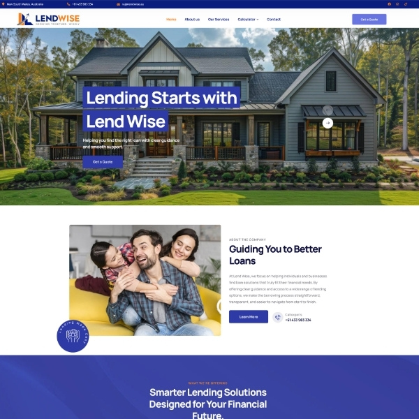 Finance and mortgage lending website for Lend Wise Australia featuring home loan solutions, financial services, and modern business website design.