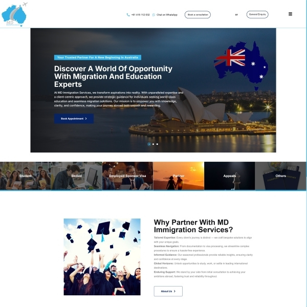 Immigration and education consultancy website for MD Immigration Services Australia featuring visa services, study abroad guidance, and migration solutions.