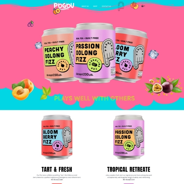 WooCommerce website design for Pogou India featuring sparkling tea products and a colorful modern eCommerce layout.