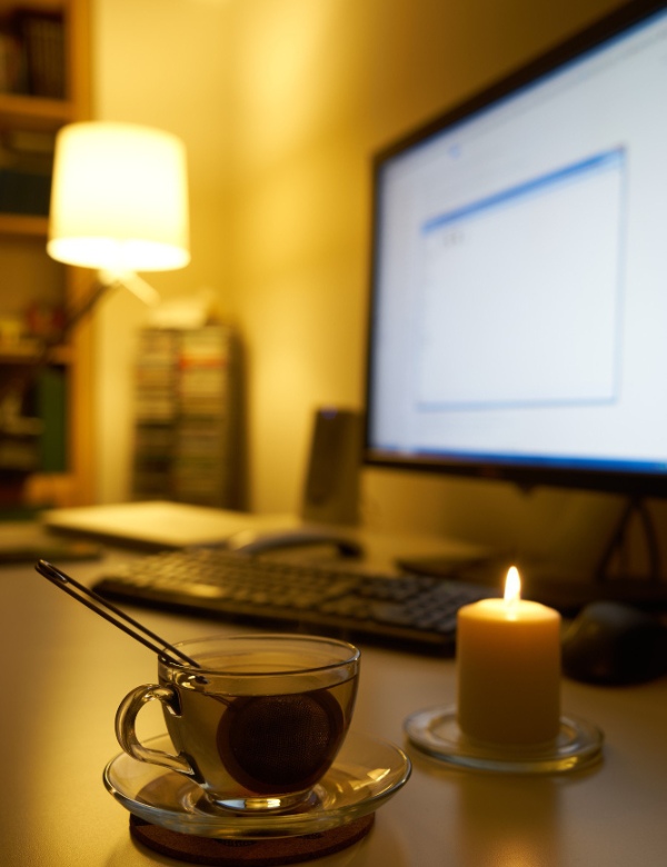 Freelance WordPress developer workspace with monitor keyboard and warm ambient lighting